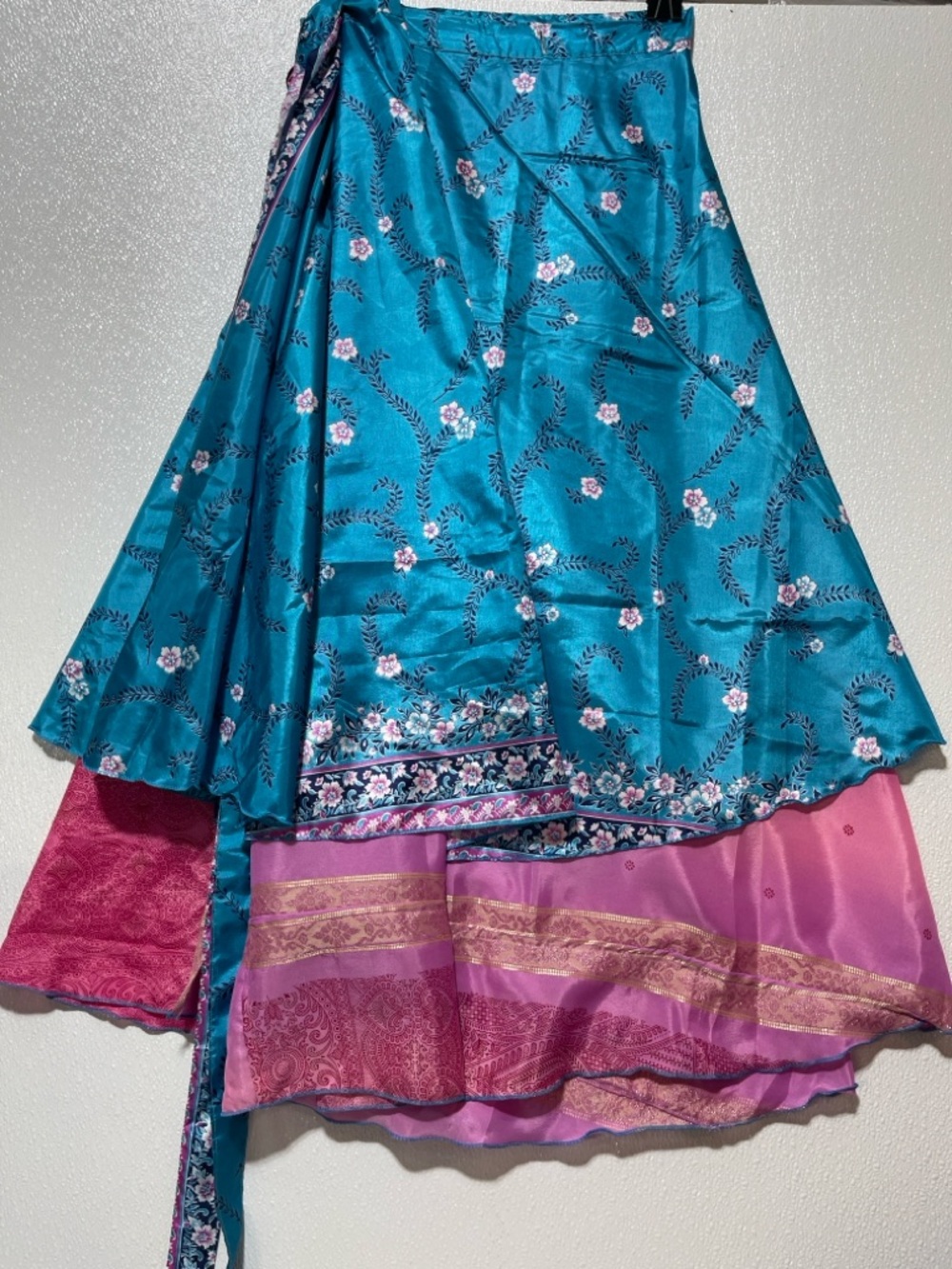 2/$60 SILK Teal Floral Magic Wrap Skirt with Pink Underskirt